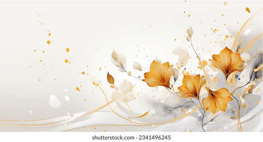 Abstract art background vector. Luxury minimal style wallpaper with golden line art flower and botanical leaves, Organic shapes, Watercolor. Vector background for banner, poster, Web and packaging