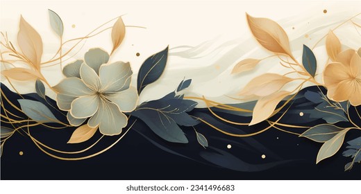 Resumen del vector de fondo de arte. Papel pintado de estilo minimalista de lujo con flor de arte de línea dorada y hojas botánicas, Formas orgánicas, acuarela. Fondo vectorial para banner, afiche, web y empaque