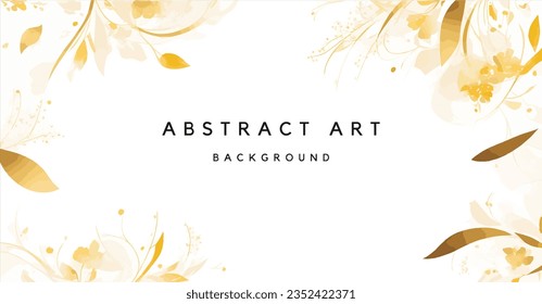 Resumen del vector de fondo de arte. Papel pintado de estilo minimalista de lujo con flor de arte de línea dorada y hojas botánicas, Formas orgánicas, acuarela. Fondo vectorial para banner, afiche, web y empaque
