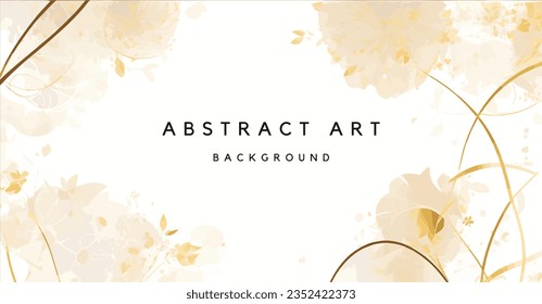 Resumen del vector de fondo de arte. Papel pintado de estilo minimalista de lujo con flor de arte de línea dorada y hojas botánicas, Formas orgánicas, acuarela. Fondo vectorial para banner, afiche, web y empaque