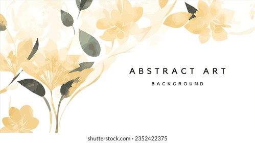 Abstract art background vector. Luxury minimal style wallpaper with golden line art flower and botanical leaves, Organic shapes, Watercolor. Vector background for banner, poster, Web and packaging