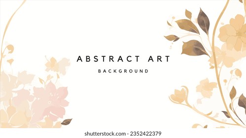 Abstract art background vector. Luxury minimal style wallpaper with golden line art flower and botanical leaves, Organic shapes, Watercolor. Vector background for banner, poster, Web and packaging