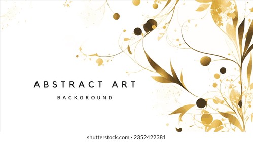 Abstract art background vector. Luxury minimal style wallpaper with golden line art flower and botanical leaves, Organic shapes, Watercolor. Vector background for banner, poster, Web and packaging