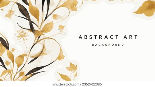 Abstract art background vector. Luxury minimal style wallpaper with golden line art flower and botanical leaves, Organic shapes, Watercolor. Vector background for banner, poster, Web and packaging