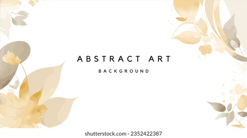 Abstract art background vector. Luxury minimal style wallpaper with golden line art flower and botanical leaves, Organic shapes, Watercolor. Vector background for banner, poster, Web and packaging