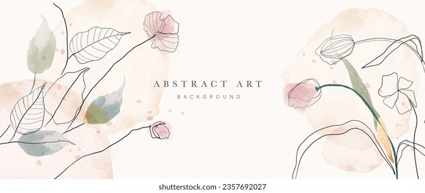 Resumen del vector de fondo de arte. Papel pintado de estilo minimalista de lujo con flor de arte de línea dorada y hojas botánicas, brillo dorado, acuarela. Fondo vectorial para banner, afiche, web y empaque.