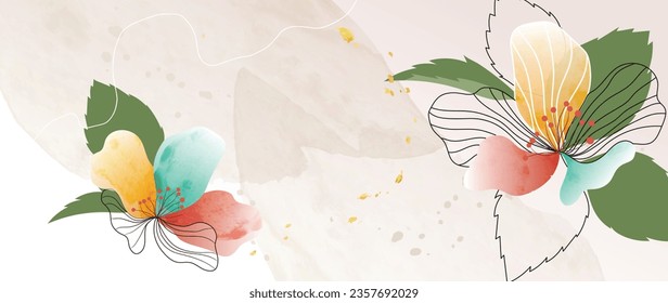 Abstract art background vector. Luxury minimal style wallpaper with line art floral and foliage, gold glitter, watercolor texture. Vector background for banner, poster, wedding card, decoration.