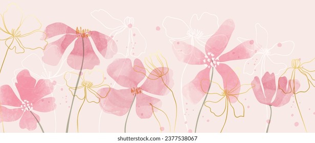 Abstract art background vector. Luxury minimal style wallpaper with golden line art flower and botanical leaves, Organic shapes, Watercolor. Vector background for banner, poster, Web and packaging.