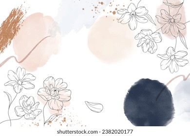 Resumen del vector de fondo de arte. Papel pintado de estilo minimalista de lujo con flor de arte de línea dorada y hojas botánicas, Formas orgánicas, acuarela. Fondo vectorial para banner, afiche, web y empaque.
