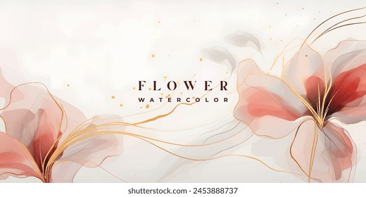 Abstract art background vector. Luxury minimal style wallpaper with golden line art flower and botanical leaves, Organic shapes, Watercolor. Vector background for banner, poster, Web and packaging.