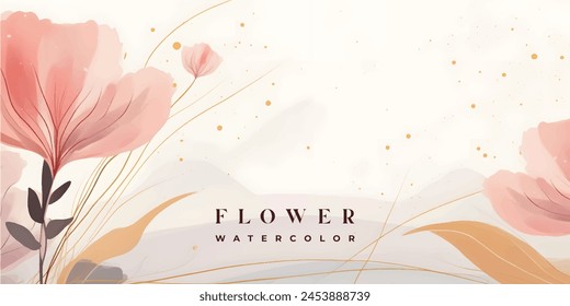 Abstract art background vector. Luxury minimal style wallpaper with golden line art flower and botanical leaves, Organic shapes, Watercolor. Vector background for banner, poster, Web and packaging.