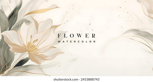 Abstract art background vector. Luxury minimal style wallpaper with golden line art flower and botanical leaves, Organic shapes, Watercolor. Vector background for banner, poster, Web and packaging.