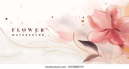 Abstract art background vector. Luxury minimal style wallpaper with golden line art flower and botanical leaves, Organic shapes, Watercolor. Vector background for banner, poster, Web and packaging.