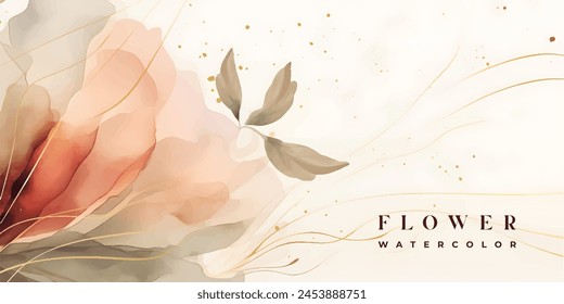 Abstract art background vector. Luxury minimal style wallpaper with golden line art flower and botanical leaves, Organic shapes, Watercolor. Vector background for banner, poster, Web and packaging.