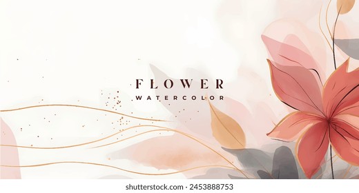 Abstract art background vector. Luxury minimal style wallpaper with golden line art flower and botanical leaves, Organic shapes, Watercolor. Vector background for banner, poster, Web and packaging.