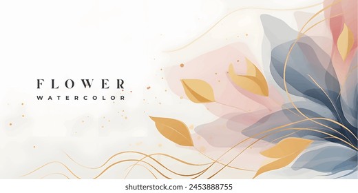 Vector de fondo de arte Abstractas. Fondo de pantalla de estilo minimalista de lujo con flor de arte de línea dorada y hojas botánicas, Formas orgánicas, acuarela. Fondo de Vector para Anuncio, póster, Web y embalaje.