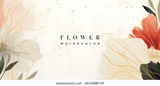 Abstract art background vector. Luxury minimal style wallpaper with golden line art flower and botanical leaves, Organic shapes, Watercolor. Vector background for banner, poster, Web and packaging.