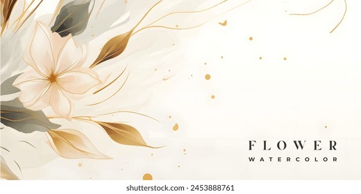 Abstract art background vector. Luxury minimal style wallpaper with golden line art flower and botanical leaves, Organic shapes, Watercolor. Vector background for banner, poster, Web and packaging.