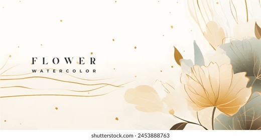 Vektorgrafik des Abstrakten Kunsthintergrunds. Luxuriöser Bildschirmhintergrund im Minimalstil mit goldenen Linien-Kunstblume und botanischen Blättern, Bio-Formen, Aquarell. Vektorgrafik Hintergrund für Banner, Poster, Web und Verpackung.