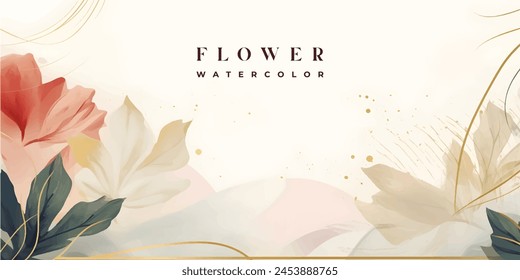 Abstract art background vector. Luxury minimal style wallpaper with golden line art flower and botanical leaves, Organic shapes, Watercolor. Vector background for banner, poster, Web and packaging.