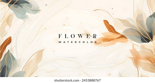 Abstract art background vector. Luxury minimal style wallpaper with golden line art flower and botanical leaves, Organic shapes, Watercolor. Vector background for banner, poster, Web and packaging.