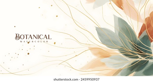 Abstract art background vector. Luxury minimal style wallpaper with golden line art flower and botanical leaves, Organic shapes, Watercolor. Vector background for banner, poster, Web and packaging.