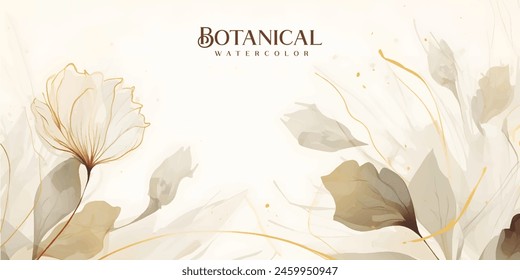 Abstract art background vector. Luxury minimal style wallpaper with golden line art flower and botanical leaves, Organic shapes, Watercolor. Vector background for banner, poster, Web and packaging.