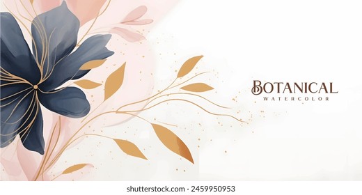 Abstract art background vector. Luxury minimal style wallpaper with golden line art flower and botanical leaves, Organic shapes, Watercolor. Vector background for banner, poster, Web and packaging.