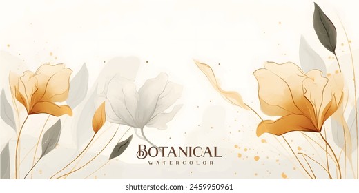 Abstract art background vector. Luxury minimal style wallpaper with golden line art flower and botanical leaves, Organic shapes, Watercolor. Vector background for banner, poster, Web and packaging.