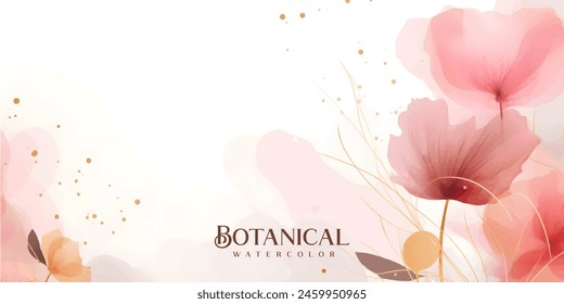 Abstract art background vector. Luxury minimal style wallpaper with golden line art flower and botanical leaves, Organic shapes, Watercolor. Vector background for banner, poster, Web and packaging.