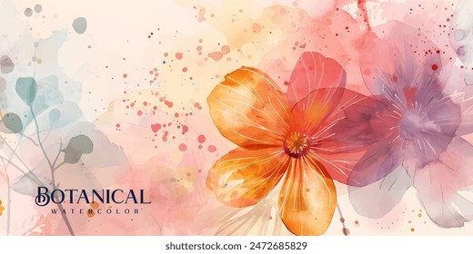 Abstract art background vector. Luxury minimal style wallpaper with golden line art flower and botanical leaves, Organic shapes, Watercolor. Vector background for banner, poster, Web and packaging