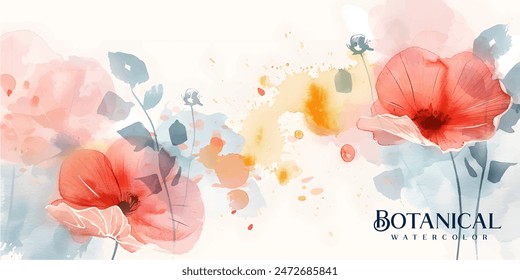 Abstract art background vector. Luxury minimal style wallpaper with golden line art flower and botanical leaves, Organic shapes, Watercolor. Vector background for banner, poster, Web and packaging