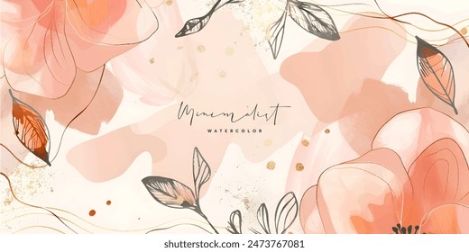 Abstract art background vector. Luxury minimal style wallpaper with golden line art flower and botanical leaves, Organic shapes, Watercolor. Vector background for banner, poster, Web and packaging