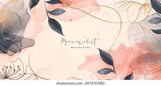 Abstract art background vector. Luxury minimal style wallpaper with golden line art flower and botanical leaves, Organic shapes, Watercolor. Vector background for banner, poster, Web and packaging