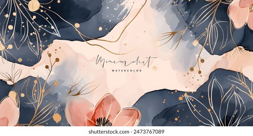 Abstract art background vector. Luxury minimal style wallpaper with golden line art flower and botanical leaves, Organic shapes, Watercolor. Vector background for banner, poster, Web and packaging