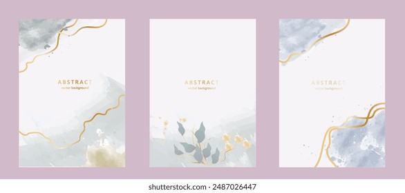 Abstract art background vector. Luxury invitation card background with golden line art flower and botanical leaves, Organic shapes, Watercolor. Vector invite design for wedding and vip cover template.