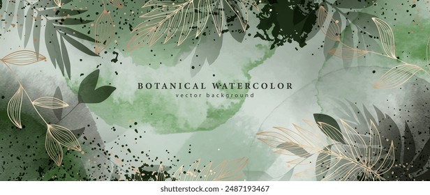 Vector de fondo de arte Abstractas. Fondo de pantalla de estilo minimalista de lujo con flor de arte de línea dorada y hojas botánicas, Formas orgánicas, acuarela. Fondo de Vector para Anuncio, póster, Web y embalaje.