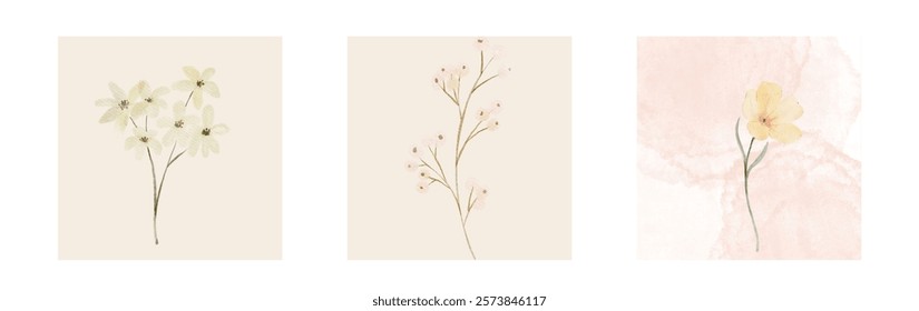 Abstract art background vector. Luxury minimal style wallpaper with line art flower and botanical leaves, Organic shapes, Watercolor. Vector background for banner, poster, and web