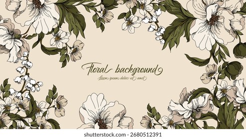 Abstract art background vector. Luxury minimal style wallpaper with line art flower and botanical leaves. Vector background for banner, poster, Web and packaging