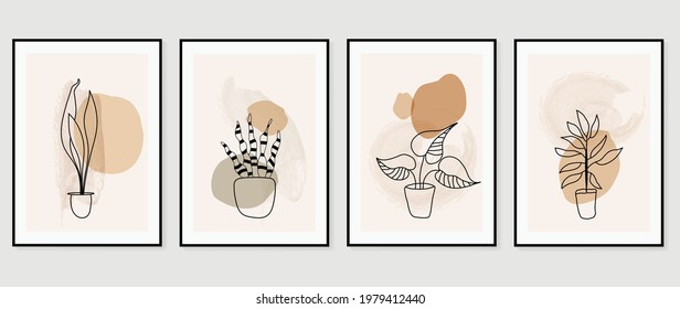 Abstract art background Vector. Minimal house plant pot hand drawn line art with earth tone water color design for wall art and home decoration, prints, poster and cover design template. 