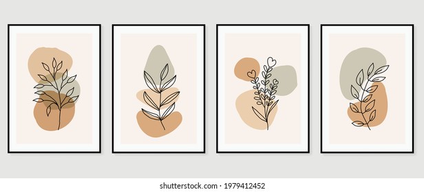 Abstract art background Vector. Minimal house plant pot hand drawn line art with earth tone water color design for wall art and home decoration, prints, poster and cover design template. 