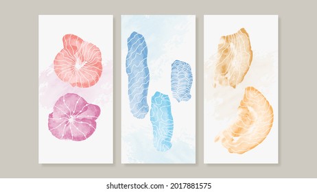 Abstract art background vector. Minimal hand painted watercolor and line art illustration.  Design for wall decoration, wall arts, cover, postcards, brochure. 