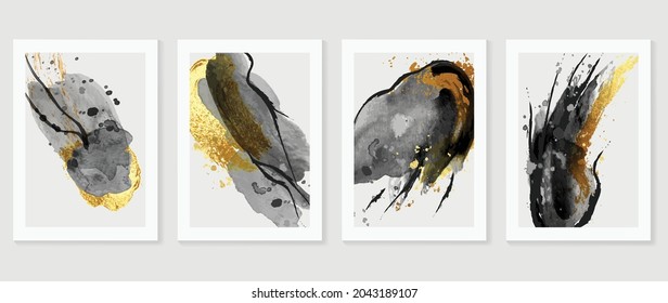 Abstract art background vector. Minimal hand painted watercolor and golden brush line art illustration.  Design for wall decoration, wall arts, cover, postcards, brochure. 
