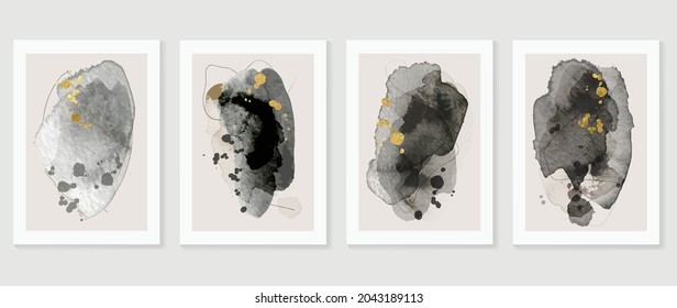 Abstract art background vector. Minimal hand painted watercolor and golden brush line art illustration.  Design for wall decoration, wall arts, cover, postcards, brochure. 
