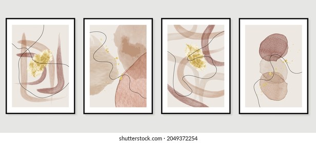Abstract art background vector. Minimal hand painted watercolor and gold line art illustration.  Design for wall decoration, wall arts, cover, postcards, brochure. 