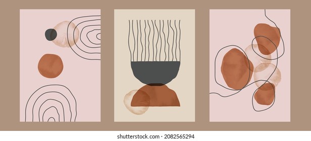 Abstract art background vector. Minimal hand painted watercolor and line art illustration.  Design for wall decoration, wall arts, cover, postcards, brochure. 