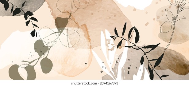 Abstract art background vector. Minimal style wallpaper with floral line art and watercolor background texture. Vector background for banner, poster, packaging, wall art and prints.