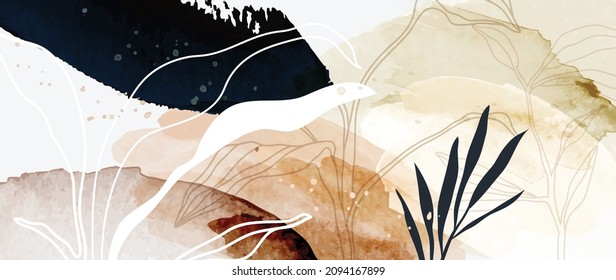 Abstract art background vector. Minimal style wallpaper with floral line art and watercolor background texture. Vector background for banner, poster, packaging, wall art and prints.