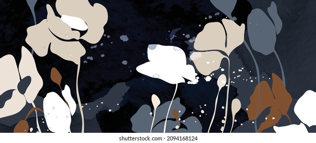 Resumen del vector de fondo de arte. Papel de pared de estilo minimalista con arte de línea floral y textura de fondo acuarela. Fondo vectorial para banner, afiche, embalaje, arte mural e impresiones.