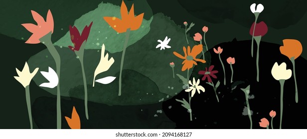 Abstract art background vector. Minimal style wallpaper with floral line art and watercolor background texture. Vector background for banner, poster, packaging, wall art and prints.
